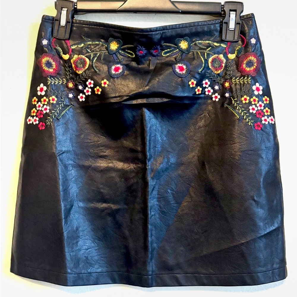 Cherry Paris Floral Embroidered Faux Leather Skirt
